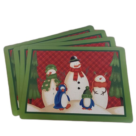 Holiday Time Vinyl Holiday Placemats Snowman And Penguin Print Set Of Four - Picture 1 of 10